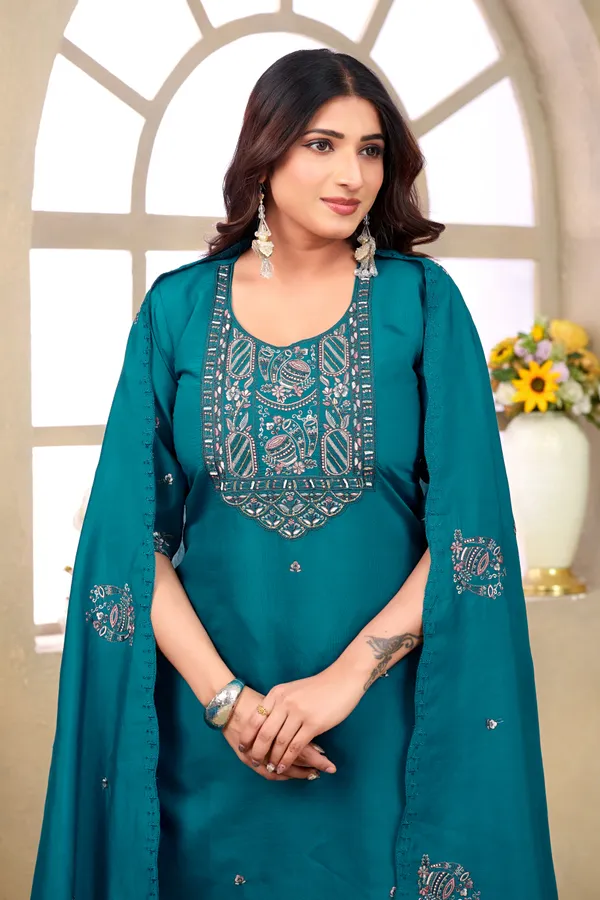 Teal_Roman_Silk_Straight_Kurta_Set_For_Women