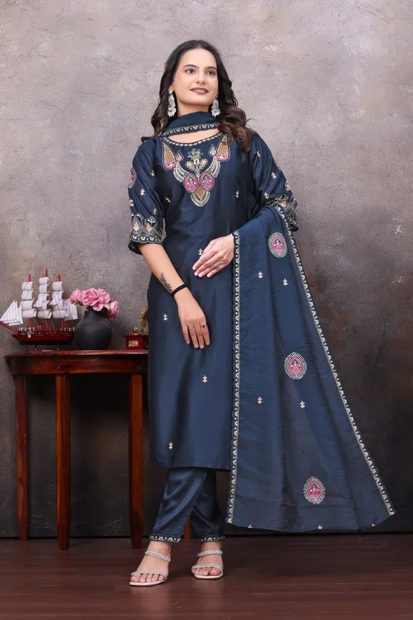 Navy_Gaji_Silk_Kurta_Set_For_Women