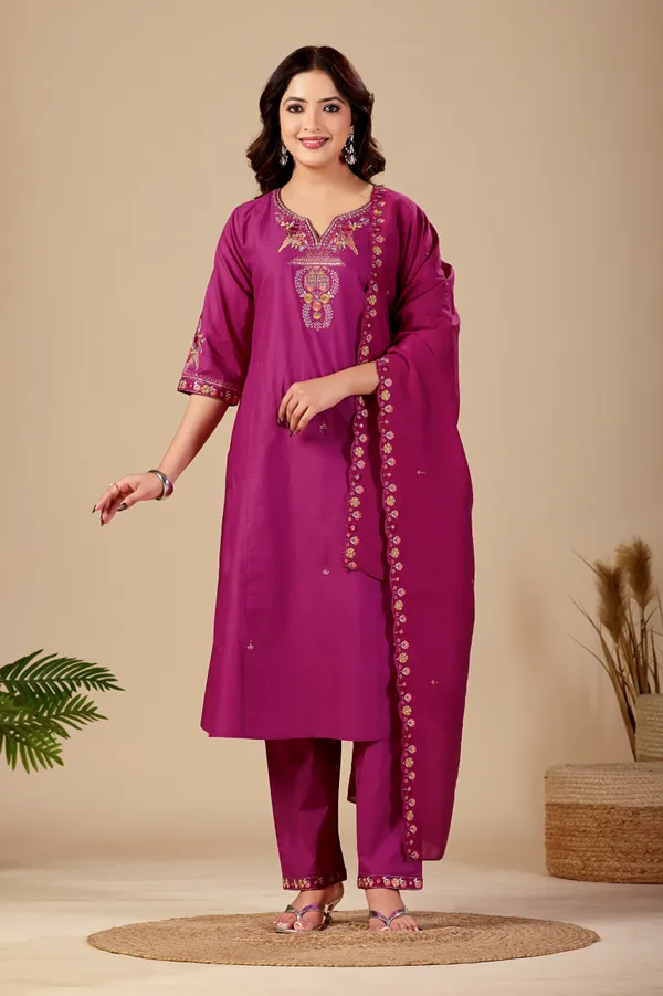 Magenta_Cambric_Cotton_Straight_Kurta_Set_For_Women