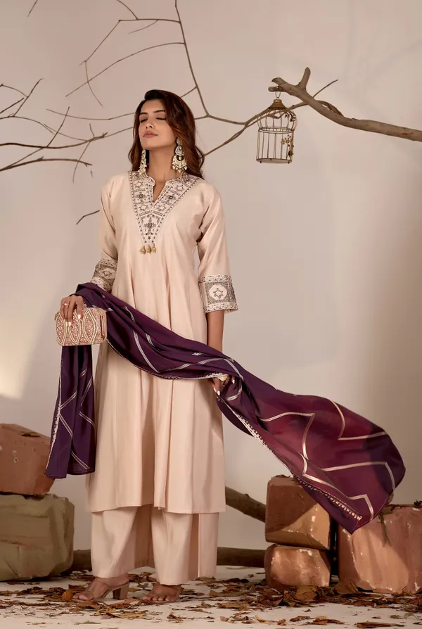 Beige_&_Purple_Roman_Silk_Straight_Kurta_Set_For_Women