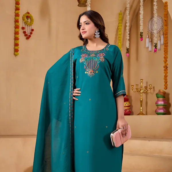 Teal_Two_Tone_Roman_Straight_Kurta_Set_For_Women