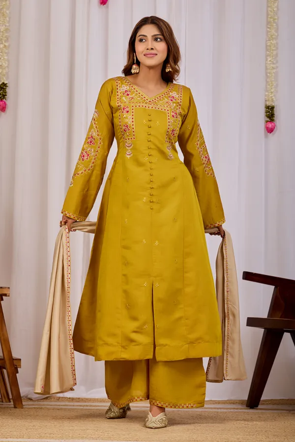 Mustard_Two_Tone_Roman_Silk_Straight_Kurta_Set_For_Women