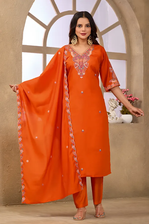 Orange_Roman_Silk_Straight_Kurta_Set_For_Women