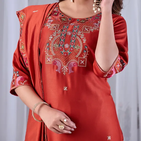 Red_Gaji_Cotton_Kurta_With_Dupatta_For_Women