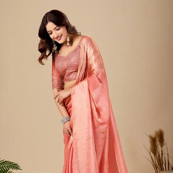 Peach_Fancy_Satin_Saree_With_Blouse_For_Women