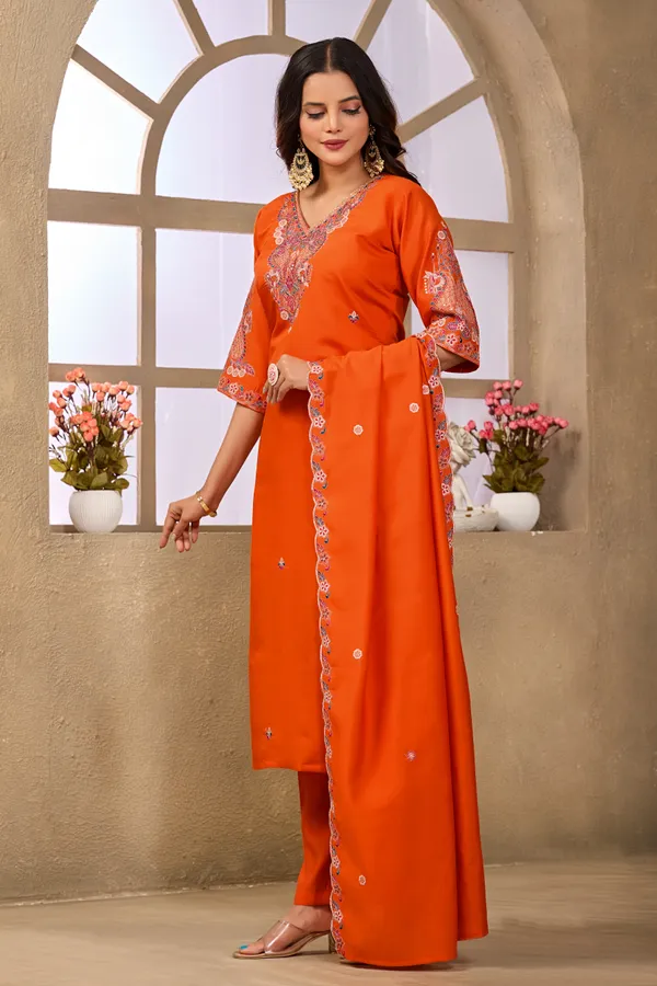 Orange_Roman_Silk_Straight_Kurta_Set_For_Women