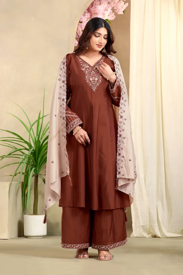 Brown_Roman_Silk_Kurta_Palazzo_Set_For_Women