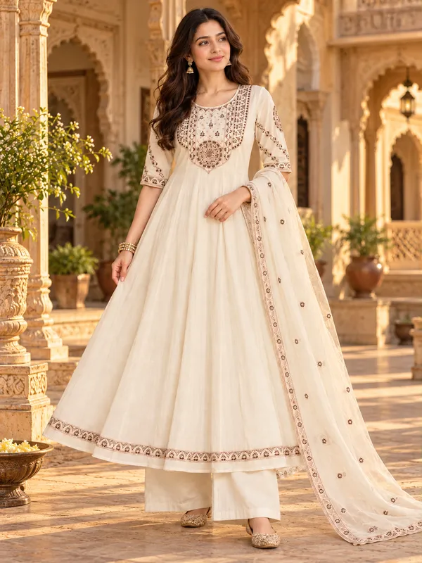 Cream_Coral_Anarkali_Kurta_Set_For_Women