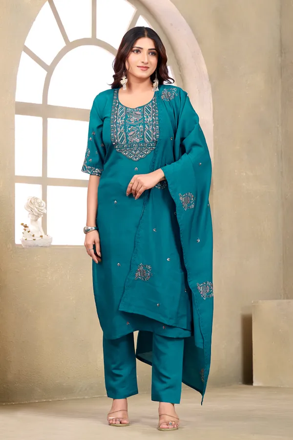 Teal_Roman_Silk_Straight_Kurta_Set_For_Women