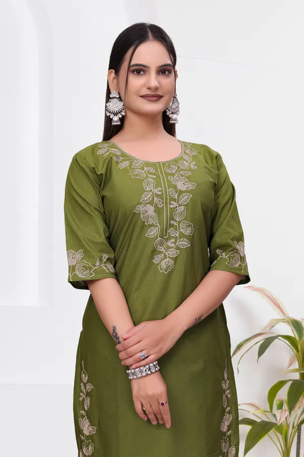 Olive_Green_Dabu_Cotton_Straight_Kurta_Set_For_Women