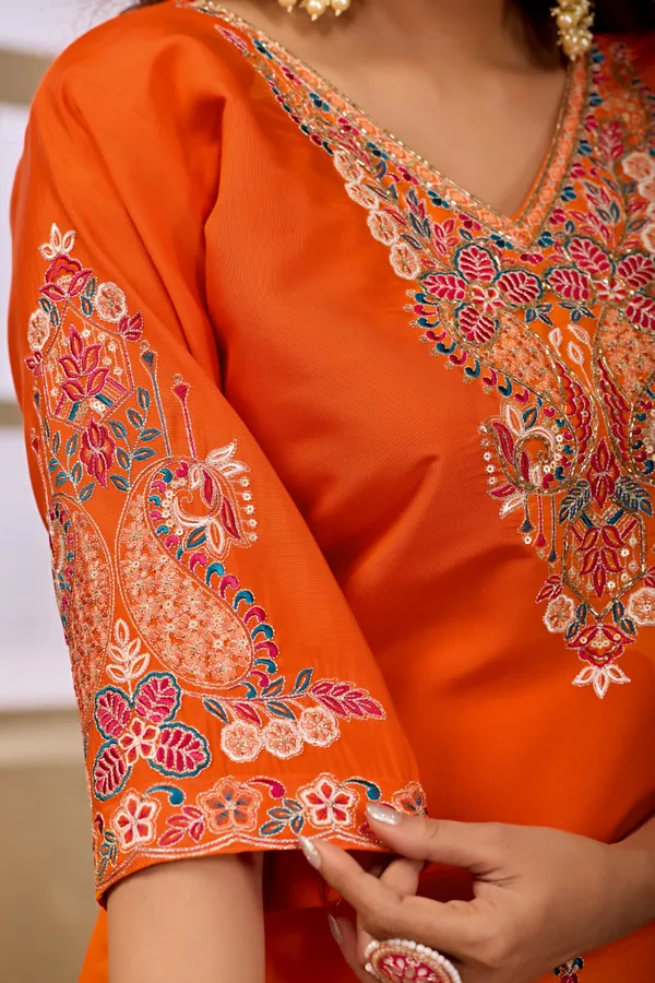 Orange_Roman_Silk_Straight_Kurta_Set_For_Women