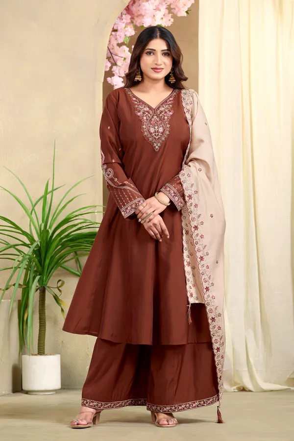 Brown_Roman_Silk_Kurta_Palazzo_Set_For_Women