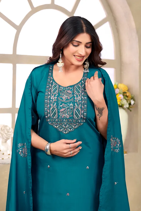 Teal_Roman_Silk_Straight_Kurta_Set_For_Women