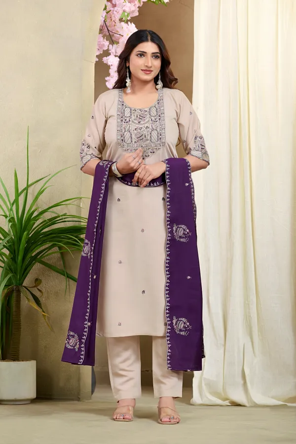 Beige_&_Purple_Roman_Silk_Kurta_Pant_Dupatta_Set_For_Women