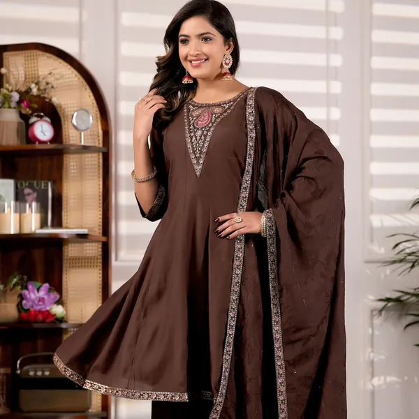 Brown_Roman_Silk_Kurta_Set_For_Women