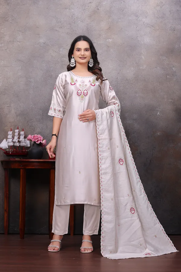 White_Gaji_Silk_Straight_Kurta_Set_For_Women