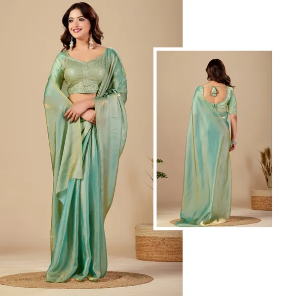 Mint_Green_Fancy_Satin_Saree_With_Blouse_For_Women