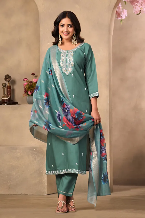 Teal_Rayon_Jacquard_Straight_Kurta_Set_For_Women