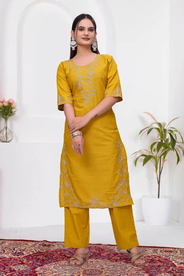 Mustard_Dabu_Cotton_Straight_Kurta_Set_For_Women