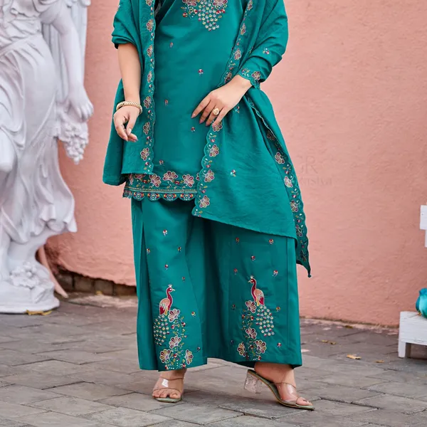 Teal_Roman_Silk_Straight_Kurta_Set_For_Women