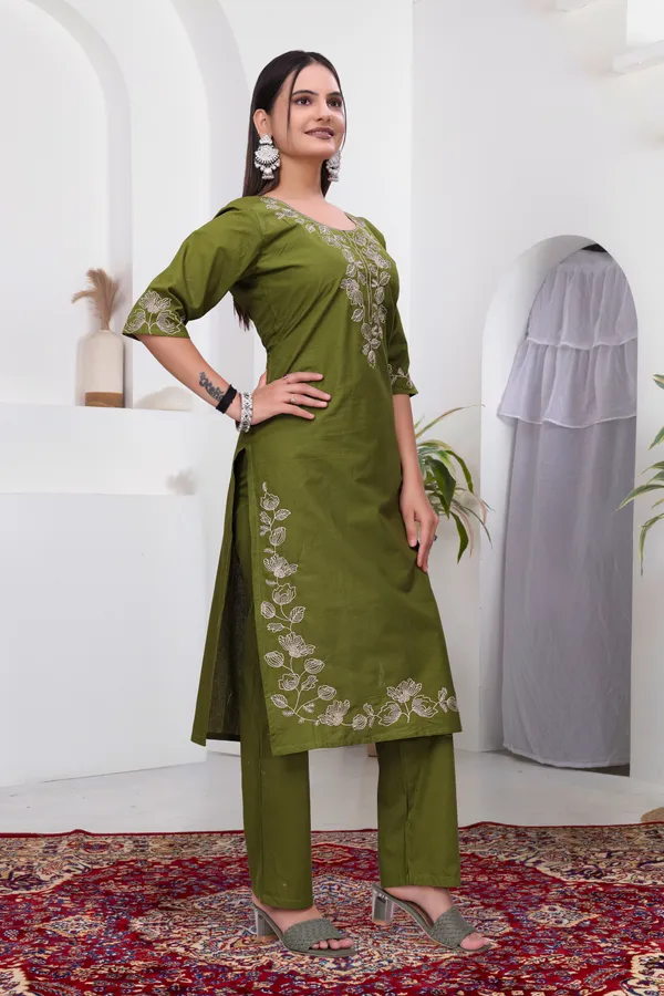Olive_Green_Dabu_Cotton_Straight_Kurta_Set_For_Women