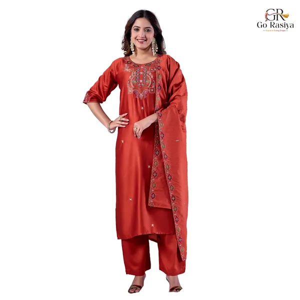 Red_Gaji_Cotton_Kurta_With_Dupatta_For_Women