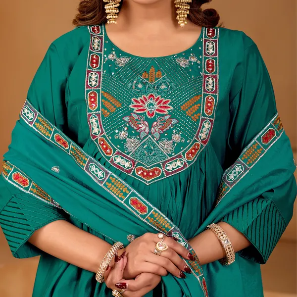 Teal_Roman_Silk_Anarkali_Suit_Set_For_Women