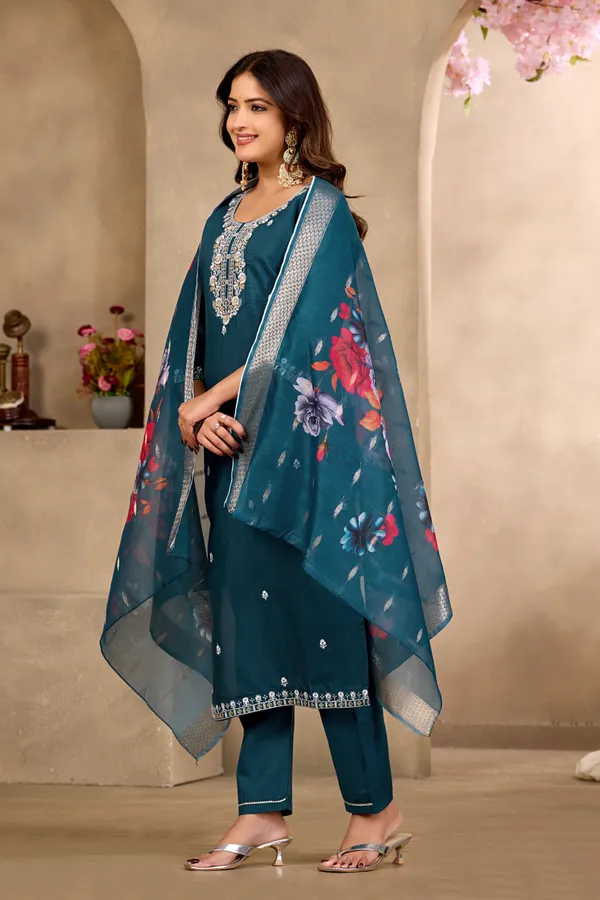 Teal_Rayon_Jacquard_Kurta_Set_For_Women