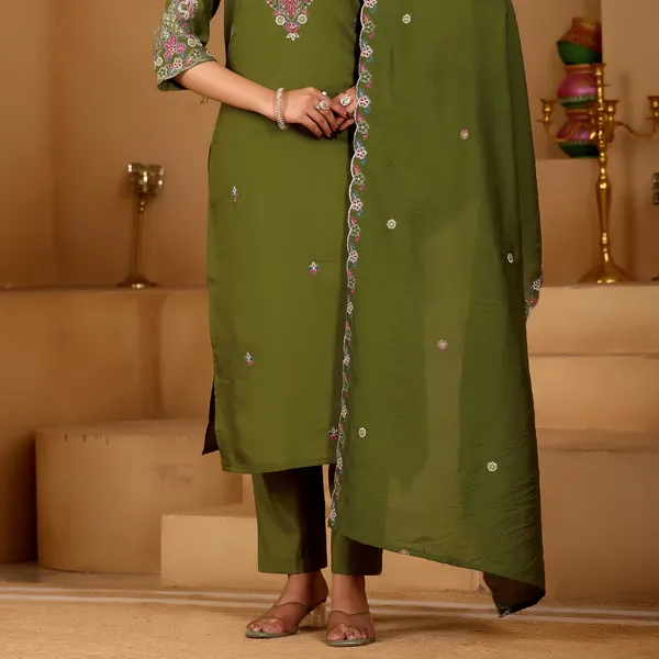 Olive_Green_Roman_Silk_Kurta_Set_For_Women