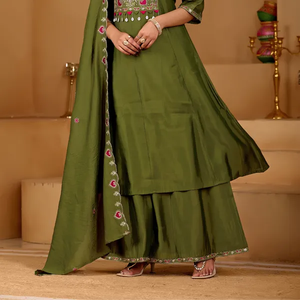 Olive_Green_Two_Tone_Roman_Kurta_Set_For_Women