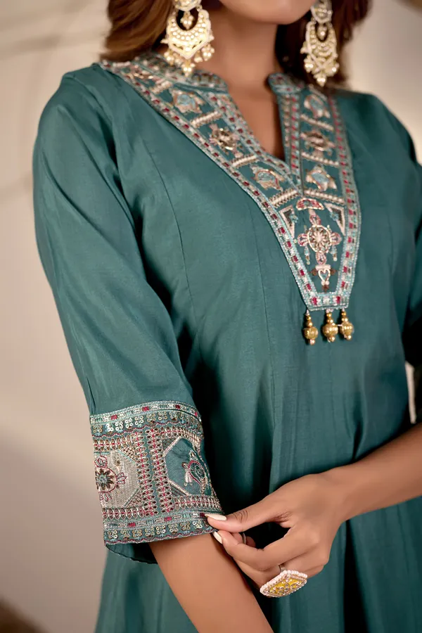 Teal_Green_Roman_Silk_Anarkali_Suit_Set_For_Women