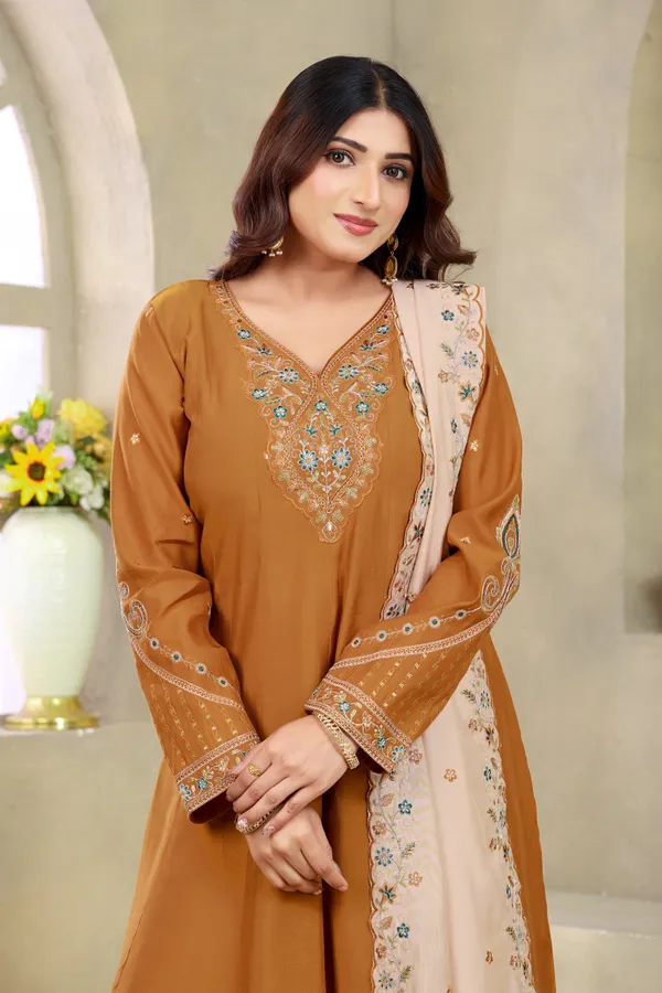 Brown_Roman_Silk_Straight_Suit_Set_For_Women