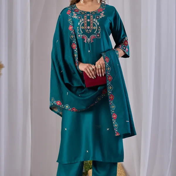 Teal_Gaji_Cotton_Straight_Kurta_Set_For_Women