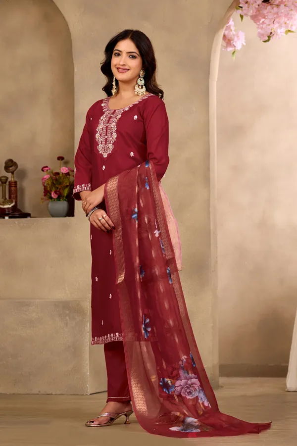 Maroon_Rayon_Jacquard_Straight_Kurta_Set_For_Women