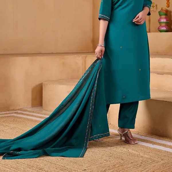 Teal_Two_Tone_Roman_Straight_Kurta_Set_For_Women