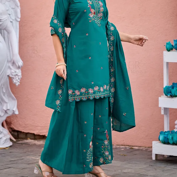 Teal_Roman_Silk_Straight_Kurta_Set_For_Women