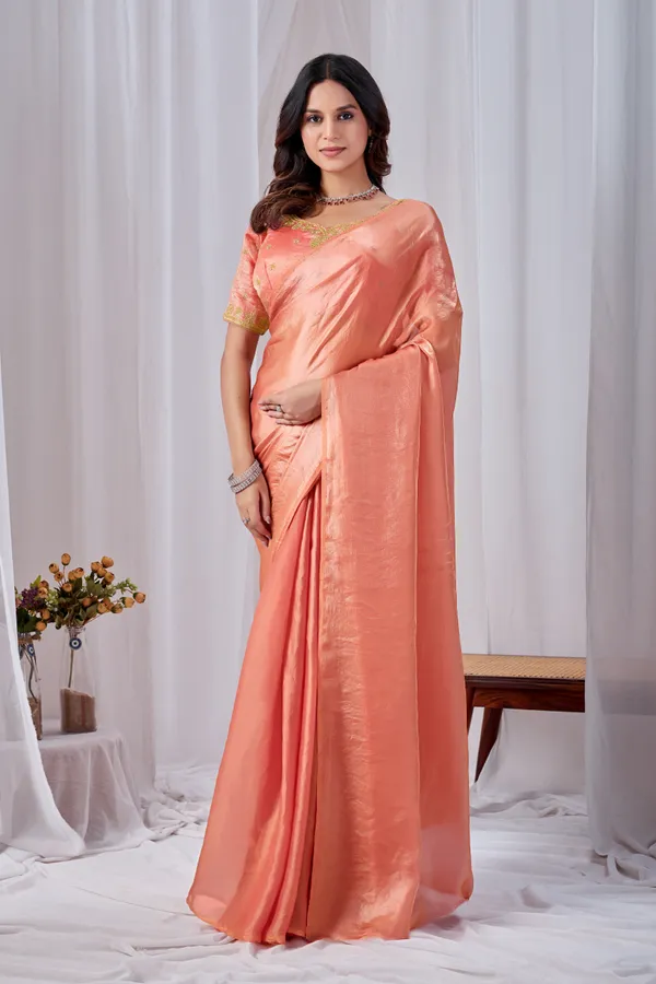 Peach_Fancy_Satin_Saree_With_Blouse_For_Women