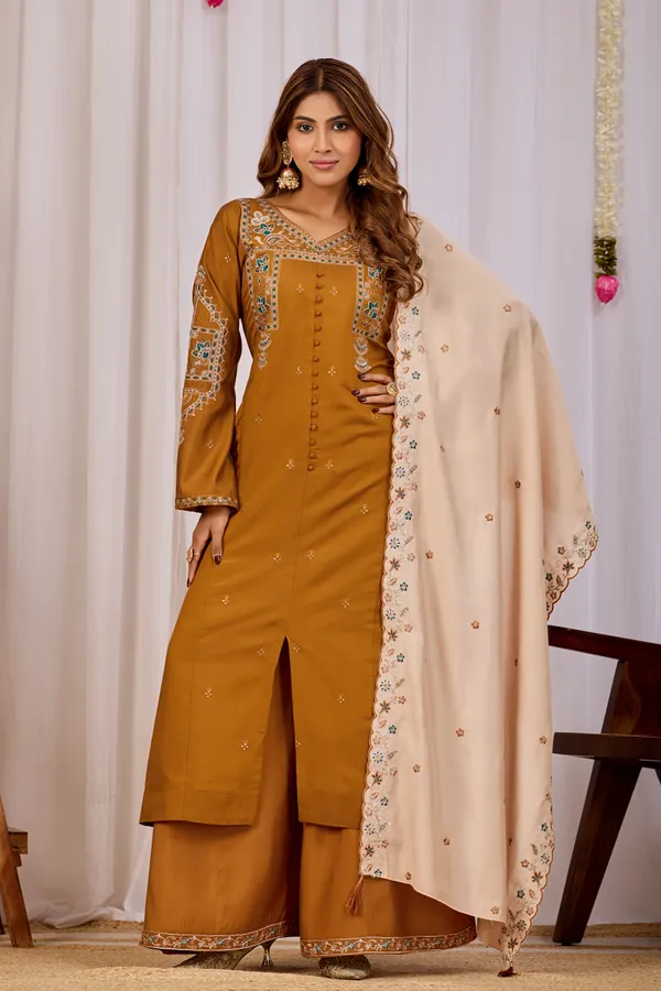 Mustard_Two_Tone_Roman_Silk_Straight_Kurta_Set_For_Women