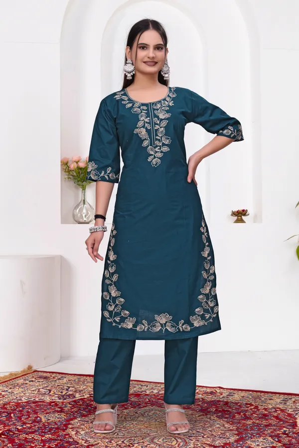 Teal_Dabu_Cotton_Straight_Kurta_Set_For_Women