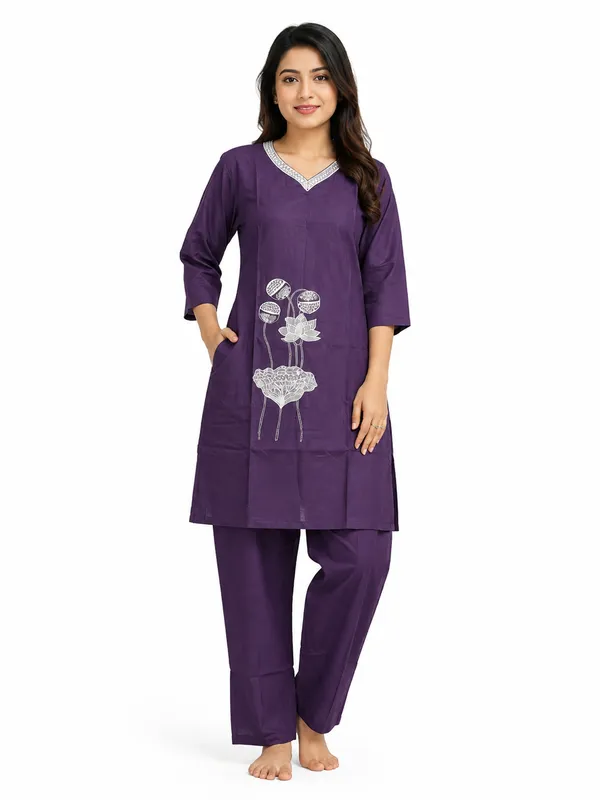 Purple_Dabu_Cotton_Straight_Kurta_Pant_Set_For_Women