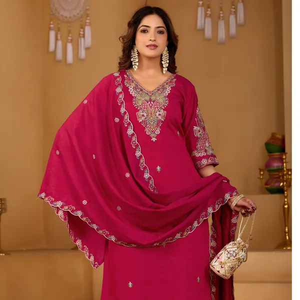 Magenta_Roman_Silk_Straight_Kurta_Set_For_Women