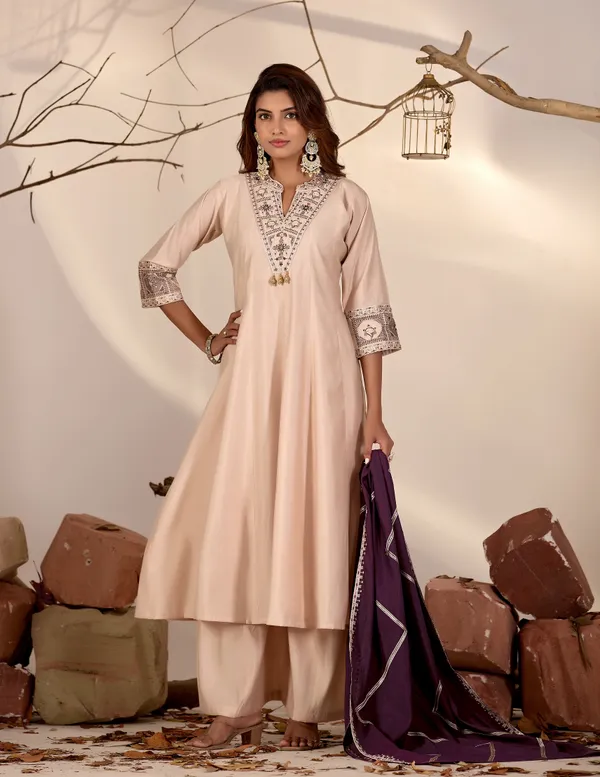 Beige_&_Purple_Roman_Silk_Straight_Kurta_Set_For_Women