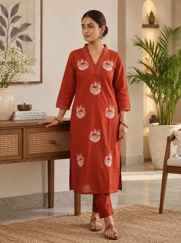 Red_Dabu_Cotton_Straight_Kurta_Set_For_Women