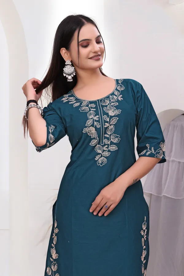 Teal_Dabu_Cotton_Straight_Kurta_Set_For_Women