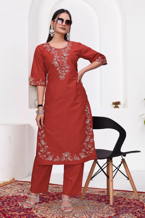 Rust_Dabu_Cotton_Ethnic_Kurta_Set_For_Women