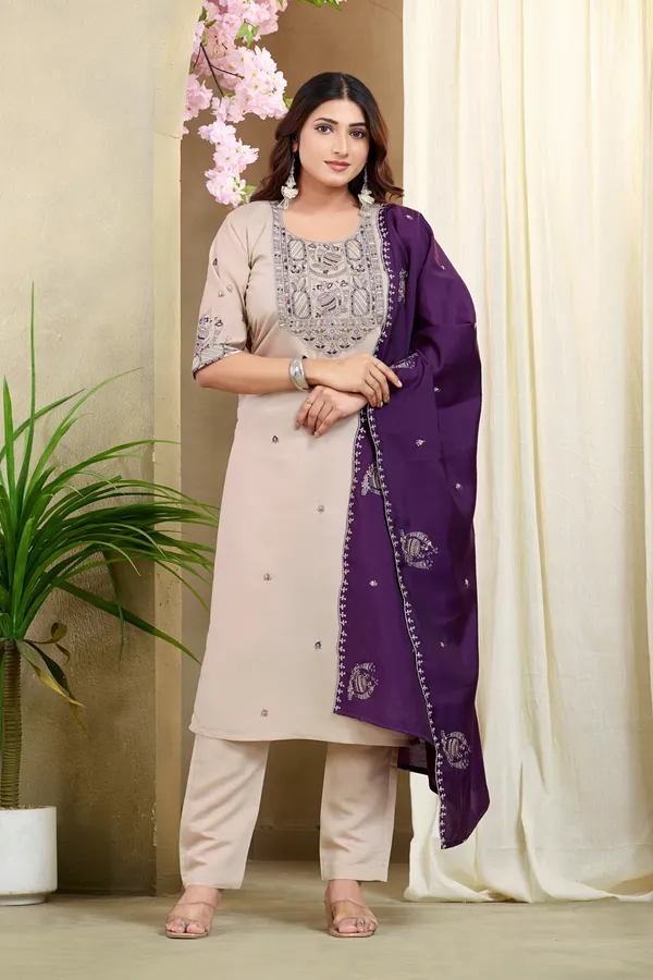 Beige_&_Purple_Roman_Silk_Kurta_Pant_Dupatta_Set_For_Women