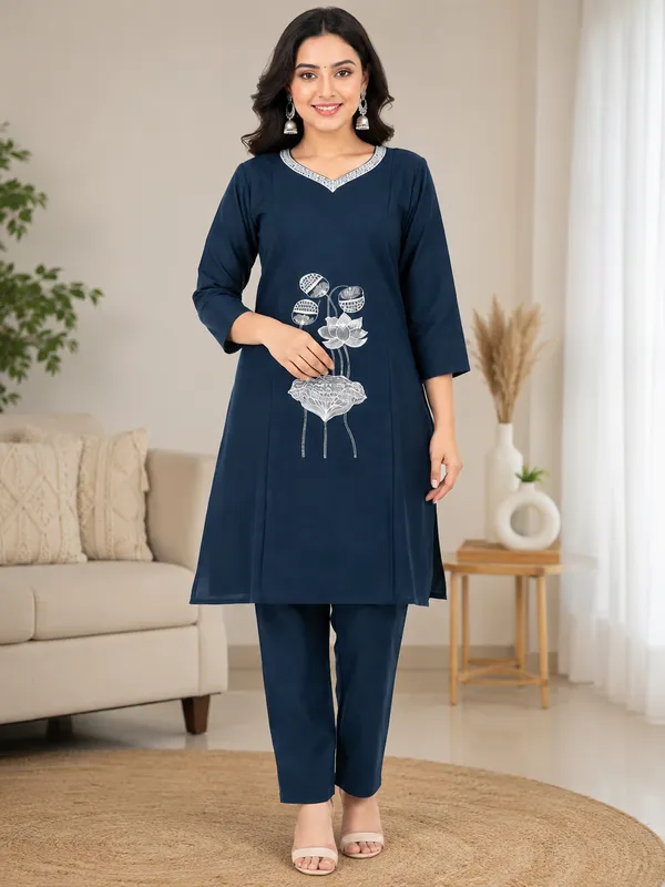 Navy_Blue_Dabu_Cotton_Kurta_Pant_Set_For_Women