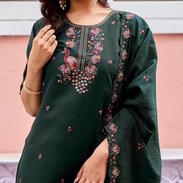 Dark_Green_Roman_Silk_Straight_Kurta_Set_For_Women