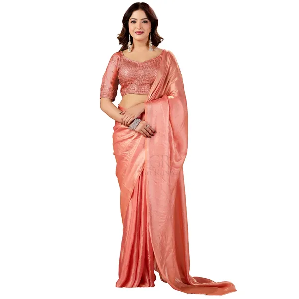 Peach_Fancy_Satin_Saree_With_Blouse_For_Women