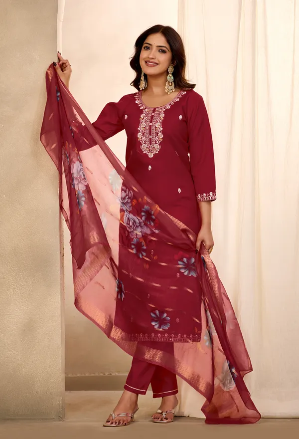 Maroon_Rayon_Jacquard_Straight_Kurta_Set_For_Women